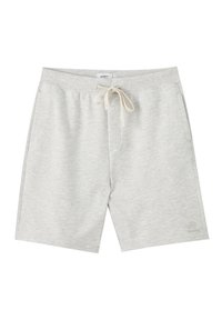 Shorts d'athlétisme gris clair avec un waistband à cordon, deux poches latérales et un subtil logo en bas. Tissu doux et texturé.