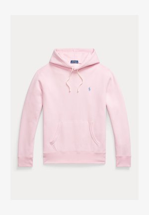 Pink cotton hoodie featuring a kangaroo pocket, drawstring hood, and a small blue logo on the left chest. Soft texture, casual design.