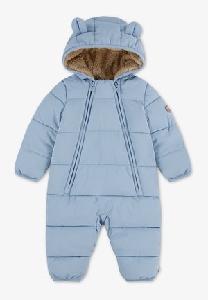 Lyseblå polstret baby sne-dragt med hætte med små øreredetaljer og blød brun foring, lange ærmer og dobbelte frontlynlåse.