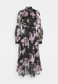 Robe noire à fleurs avec un tissu transparent, ornée de fleurs roses et vertes, col haut, manches bouffantes et ourlet froncé.