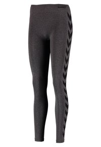 Leggings grigi con una texture liscia, con un motivo a zigzag nero sul lato e una cintura elastica.