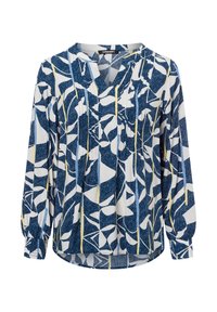 Long-sleeve blouse in blue and white with abstract leaf patterns, featuring a V-neck and pleat detailing. Made from soft, textured fabric.