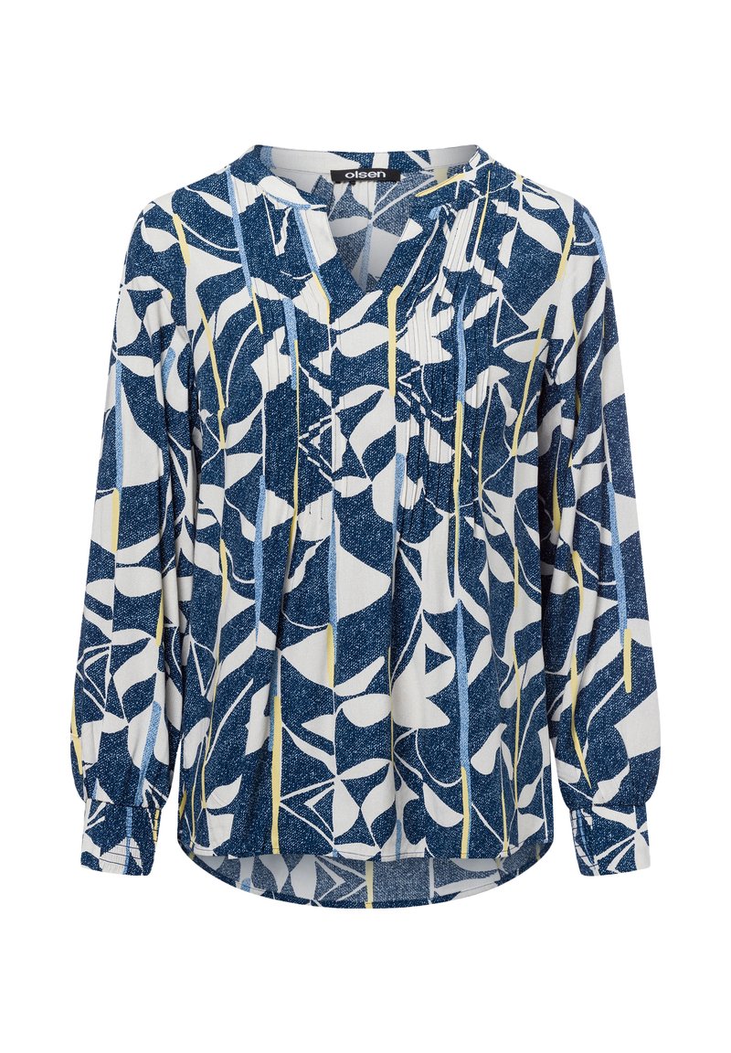 Long-sleeve blouse in blue and white with abstract leaf patterns, featuring a V-neck and pleat detailing. Made from soft, textured fabric.