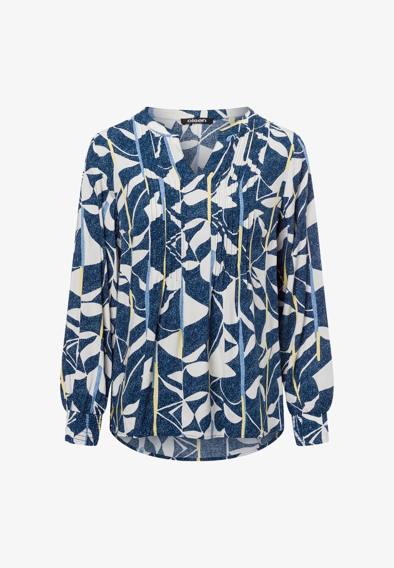 Long-sleeve blouse in blue and white with abstract leaf patterns, featuring a V-neck and pleat detailing. Made from soft, textured fabric.