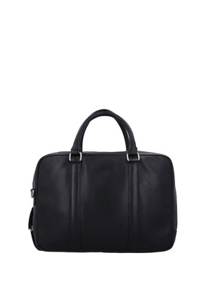 Black leather briefcase with two handles, rectangular shape, and minimal design against white background.