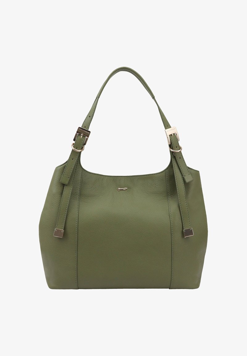 Sac à main en cuir vert avec une forme structurée, doté de sangles d'épaule ajustables, d'accents en métal argenté et d'une texture lisse.