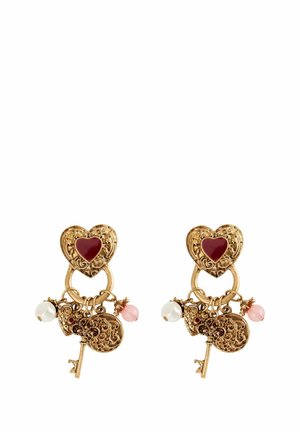 Gold-tone earrings featuring ornate heart-shaped tops with red inlays, adorned with pearls and pink beads, and a key charm detail.