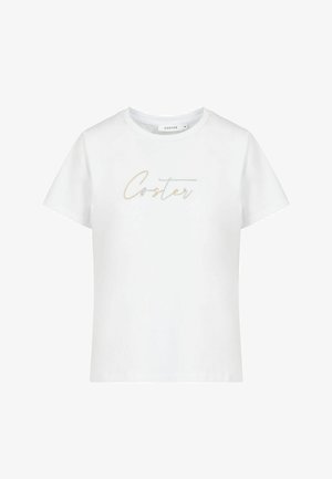 Valkoinen lyhythihainen t-paita, jossa on pyöreä pääntie ja metallisen kultaiset sekä hopeiset "Coster"-tekstit rinnan keskellä.