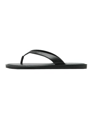 Sandale tongs plates noires avec une bride simple passant entre les orteils et une finition lisse, présentée en profil latéral sur un fond blanc.