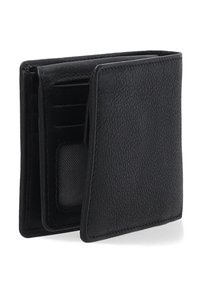 Zwarte leren portemonnee, textuur oppervlak, bi-fold ontwerp, meerdere kaarthouders, gaas-ID-venster, compacte grootte, minimale hardware accenten.