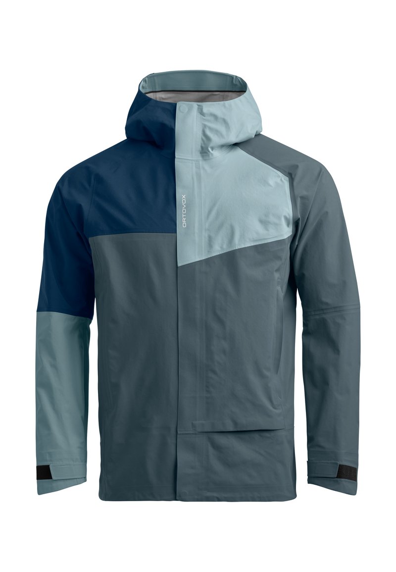 Waterproof jacket featuring a mix of dark and light blue color blocks, with a high collar, adjustable hood, and front pocket.