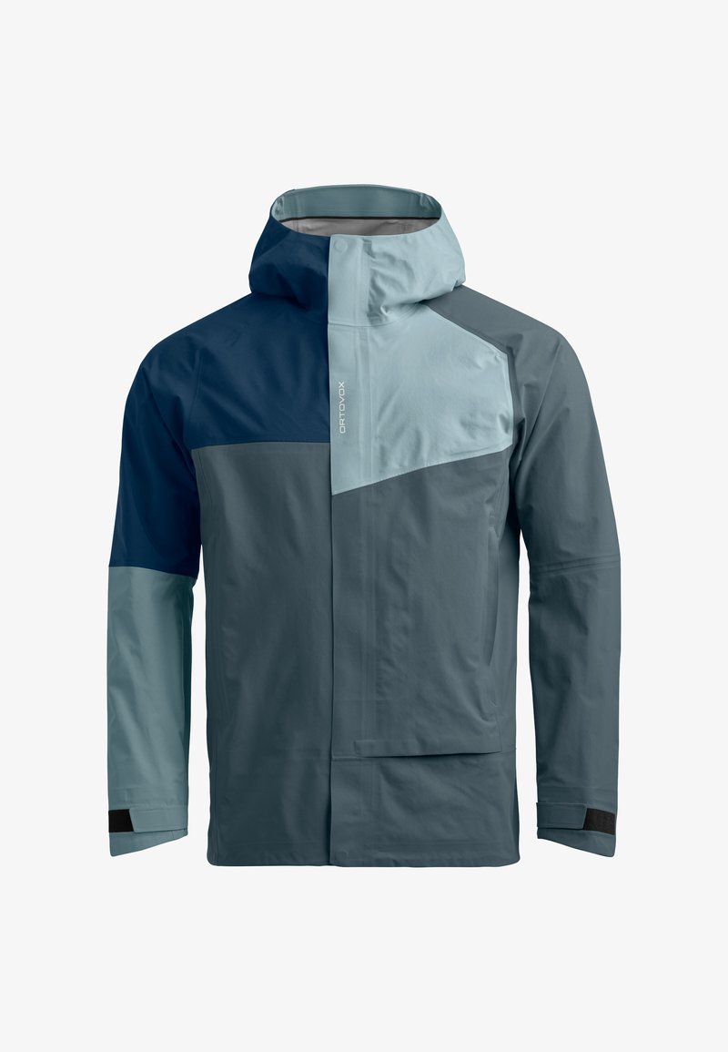 Waterproof jacket featuring a mix of dark and light blue color blocks, with a high collar, adjustable hood, and front pocket.