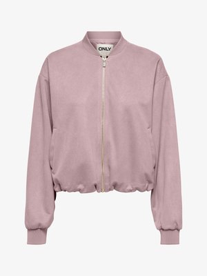 Lys mauve bomberjakke med frontglidelås, ribbestrikket krage, mansjetter og kant, med sidelommer og en lett kortet passform.