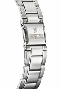 Metalinis laikrodo dirželis su poliruotais ir šlifuotais nerūdijančio plieno saitais, akcentuota užsegimas su išgraviruotu "Festina" logotipu ir stačiakampio formos dizainu.