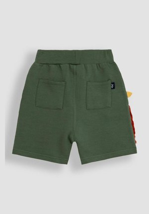 Grüne Baumwollshorts mit elastischem Bund, zwei Gesäßtaschen und einem strukturierten Tierdesign an der Seite.