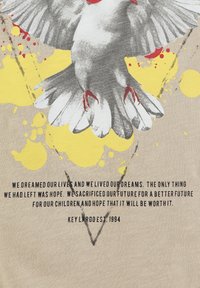 Paloma gris y blanca volando con patas rojas sobre manchas de pintura amarilla y roja, encima de un texto sobre la esperanza y el sacrificio para el futuro.