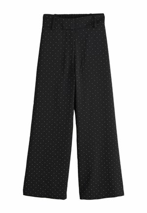 Black wide-leg trousers featuring a white polka dot pattern, elastic waistband, and hidden side pockets for ease and comfort.