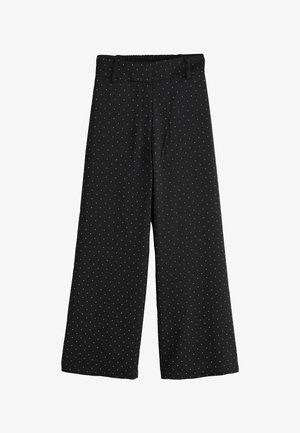 Zwarte wijde broek met een wit stippenpatroon, elastische tailleband en verborgen zijzakken voor gemak en comfort.