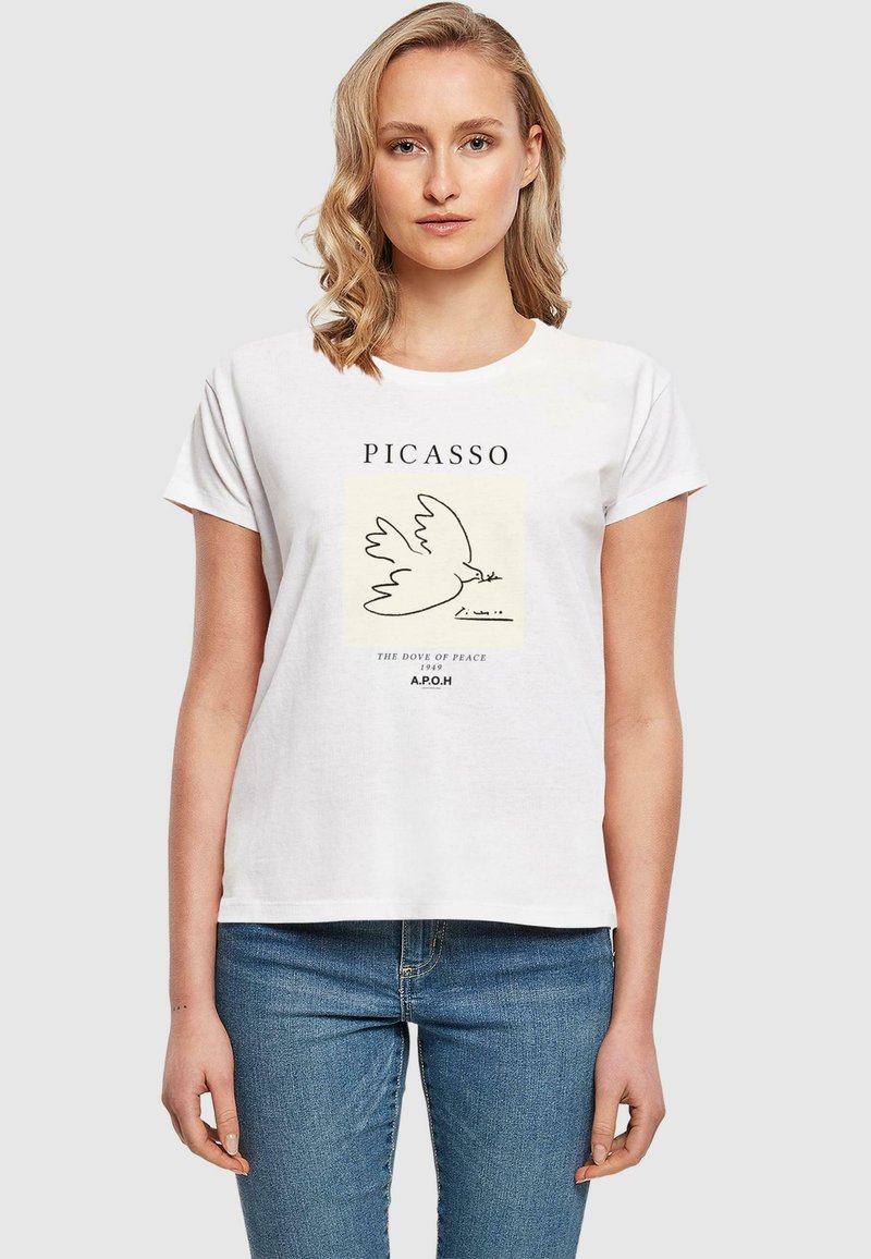 Weißes Baumwoll-T-Shirt mit einer schwarzen Linienzeichnung einer Taube und dem Text „PICASSO DIE TAUBE DES FRIEDENS 1949 A.P.O.H.“ in Schwarz und Beige.