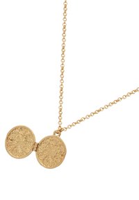 Goldener Locket-Halsreif mit einem gemusterten, klappbaren Anhänger; ausgestattet mit einer Kette aus runden Gliedern und einer polierten Oberfläche.