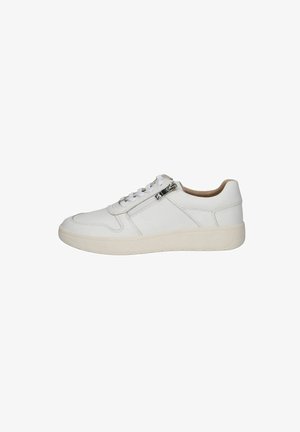 Sneakers casual bianchi con finitura in pelle liscia, design con lacci, zip laterale e suola in gomma. Presentano cuciture sottili e interno imbottito.