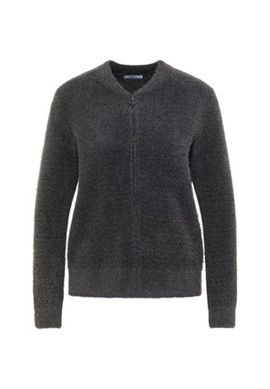 Cardigan grigio lavorato a maglia con finitura texture, caratterizzato da maniche lunghe, scollo rotondo e chiusura frontale con zip e anello decorativo.