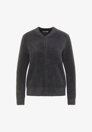 Szary dzianinowy kardigan o teksturowanym wykończeniu, z długimi rękawami, okrągłym dekoltem oraz zapięciem na zamek błyskawiczny z ozdobną pętelką.