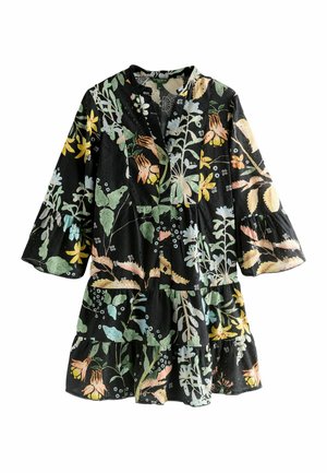 Abito nero con un design ricamato floreale nei colori pastello, dotato di maniche a tre quarti e orlo a strati. Tessuto testurizzato con dettagli.