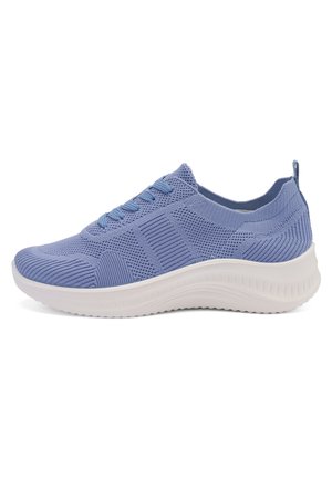 Light blue knitted fabric sneaker with lace-up front, textured sole, and pull tab on a white curved sole for casual wear.