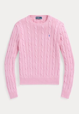 Pull rose clair à manches longues en maille torsadée avec col rond et petit logo Polo Ralph Lauren brodé sur la poitrine.