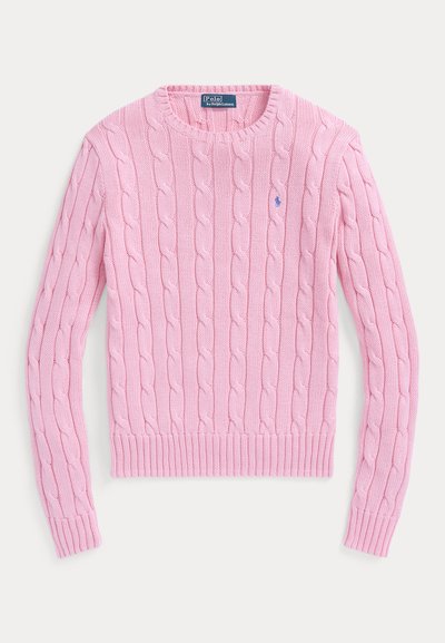 Hele roosa kaabelpaela kudumiga pikkade varrukatega kampsun ümara kaelusega ja väikese Polo Ralph Laureni tikitud logoga rinnal.