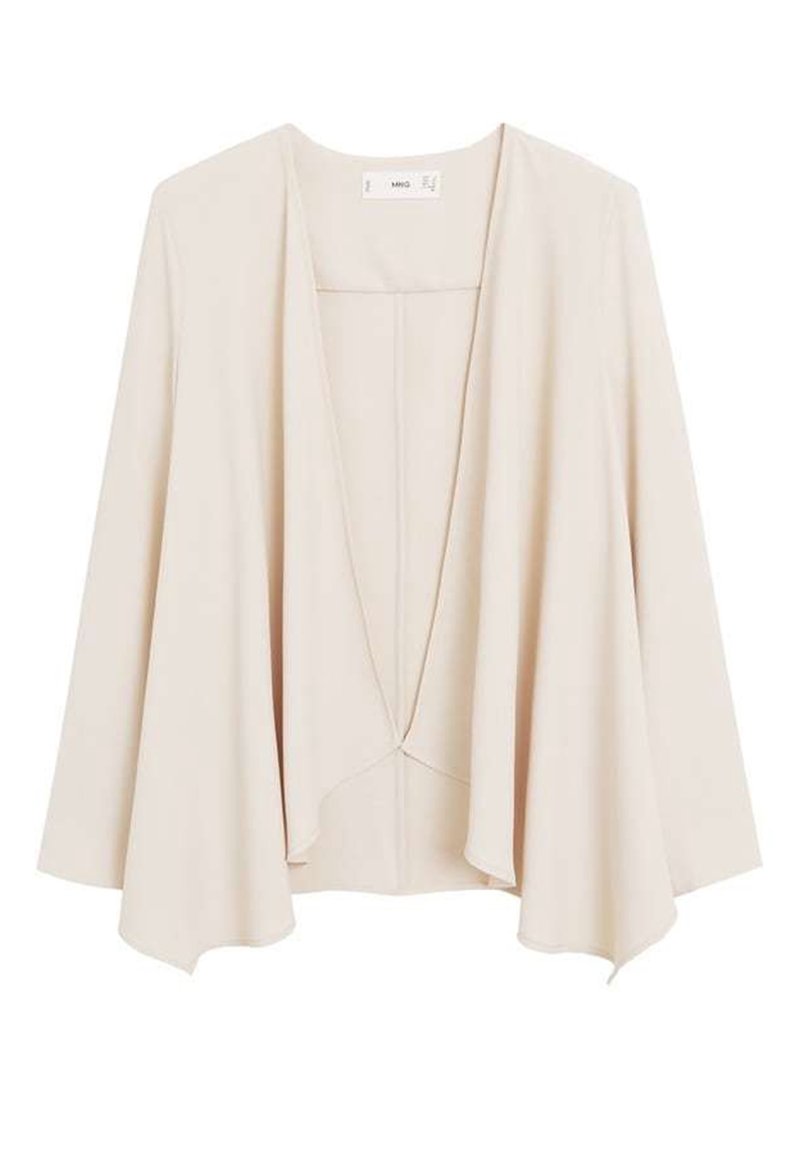 Gilet beige léger à ouverture devant, manches longues et ourlet drapé asymétrique.