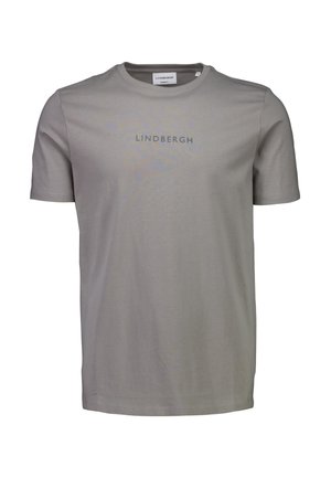 Camiseta de manga corta gris claro hecha de algodón, con cuello redondo y la palabra "LINDBERGH" impresa en texto gris oscuro en el pecho.