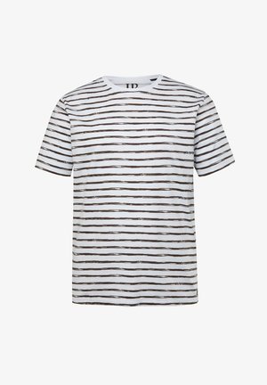 Weißes kurzärmliges T-Shirt mit horizontalen braunen Streifen, runder Ausschnitt und weichem, glattem Stoff.