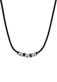 Collar de cuerda negra que presenta cuentas cilíndricas alternadas en plata, gris y negro dispuestas en un patrón lineal.