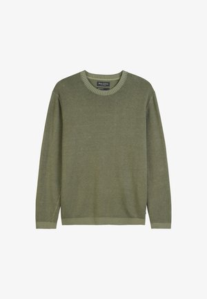 Pull olive en laine douce, avec un col rond, des manches longues et des poignets et un ourlet côtelés. Design minimaliste sans motifs.