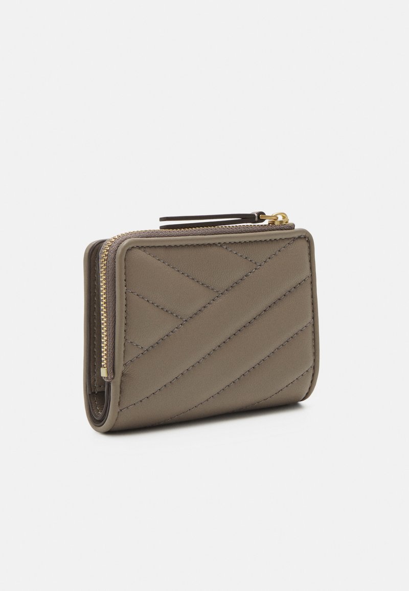 Quilted leather wallet in olive green, featuring a gold-tone zipper and tonal stitching. Compact rectangular shape with side zip pocket.