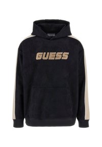 Čierna mikina s kapucňou a béžovými akcentmi po stranách. Obsahuje predné klokanie vrecko a výrazne zobrazené logo "GUESS" v béžovej farbe. Mäkká textúra.