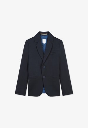 Blazer bleu marine en tissu texturé, doté d'un col à revers, de deux boutons et de deux poches avant avec une doublure bleue contrastante.