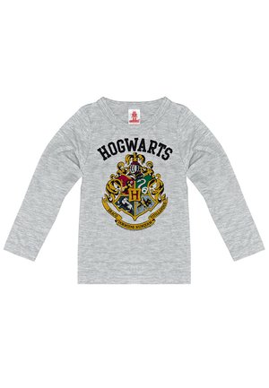 Gray long-sleeve t-shirt featuring the Hogwarts crest in black, red, yellow, green, and blue, with text "HOGWARTS" above the crest.