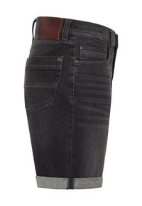 Denim shorts in dark gray with a folded hem. Features a brown leather waistband patch and classic back pockets with subtle stitching details.