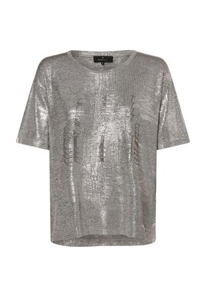 Metalen zilveren top met korte mouwen en een losse pasvorm, voorzien van een gestructureerd oppervlak en subtiele grafische print. Ronde halslijn en rechte zoom.
