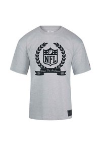 Gray short-sleeve t-shirt made of cotton features a black NFL logo surrounded by laurel leaves and a banner stating "From The Archives 19 20."