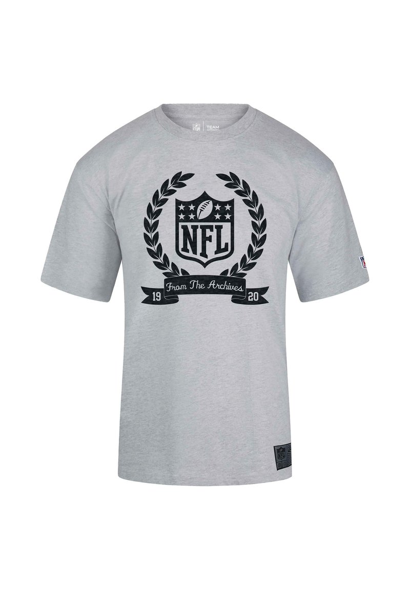 Gray short-sleeve t-shirt made of cotton features a black NFL logo surrounded by laurel leaves and a banner stating "From The Archives 19 20."