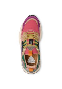 Multi-colored sneaker featuring pink, purple, green, and beige materials. Textured upper with laces, a cork insole, and a prominent logo.