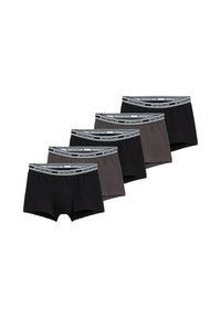 Öt pár boxeralsó különböző fekete és szürke árnyalatokban, logózott elastikus derékpánttal. Puha, bordázott anyagú textúra.