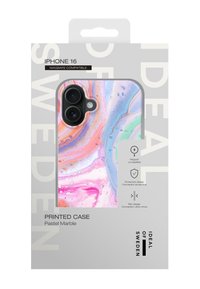iPhone 16 trykcover med et pastel marmor design præget af slyngende mønstre i pink, lilla og blå. Slank og kompatibel med magnetiske tilbehør.