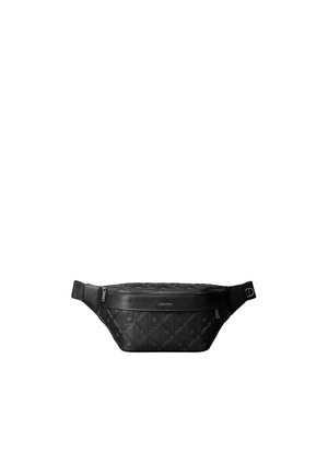 Czarna skórzana saszetka na pas Calvin Klein z tłoczonym wzorem logo oraz zapinanymi na zamek głównym i przednim przedziałem na regulowanym pasku.