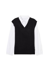 Pull sans manches noir avec col en V et bordures côtelées, superposé sur une chemise blanche à manches longues avec col. Matière en maille douce.