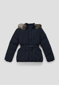 Navyblauer Daunenjacke mit Kunstfellbesatz an der Kapuze, elastischem Bund und Gürtel-Design. Verfügt über einen Reißverschluss und Seitentaschen.